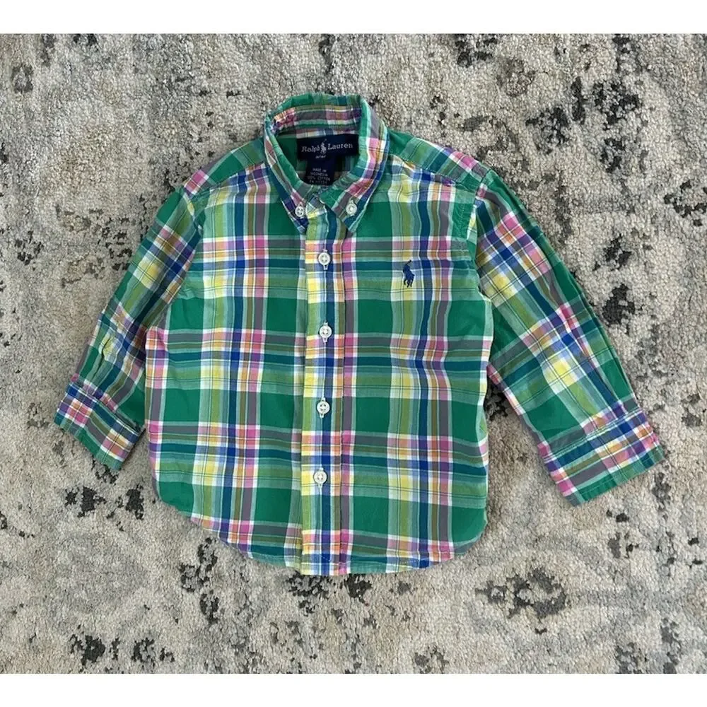 Ralph Lauren Baby Boy 12 Month Cotton Long Sleeve Button Up Shirt Green Plaid